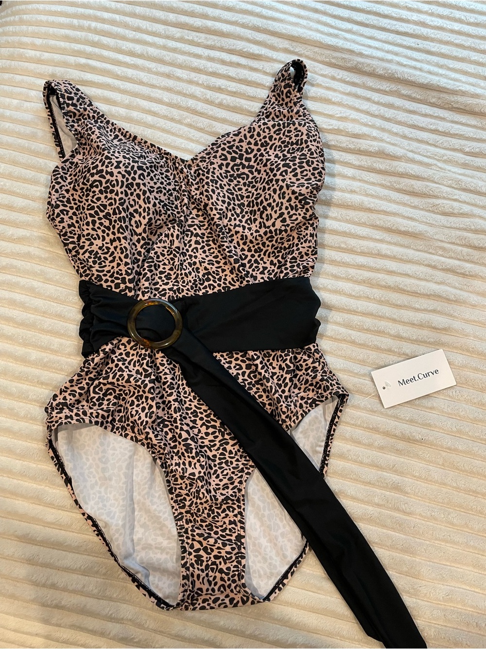 MeetCurve Pink Leopard One-Piece Swimsuit with Black Waist Sash